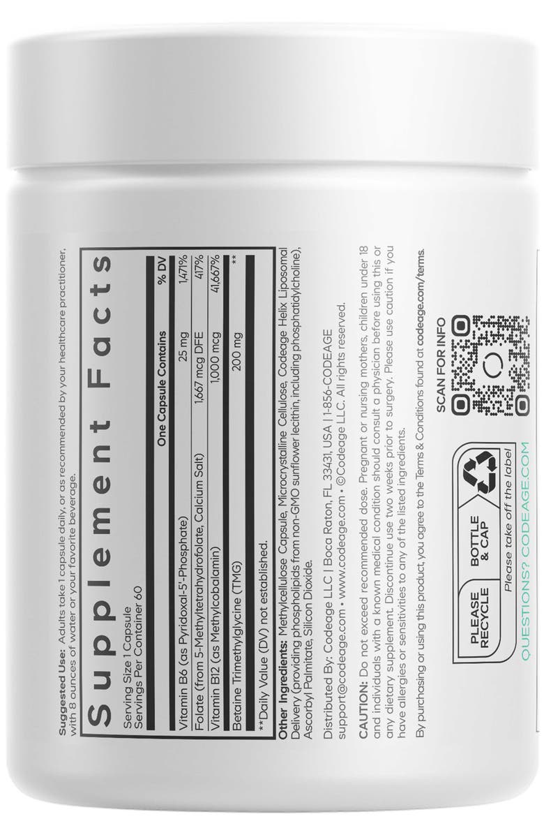 Codeage Liposomal L-Methylfolate 5-MTHF+, Active Vitamin B6 & B12, Folate, Betaine TMG, Alternate, color, White