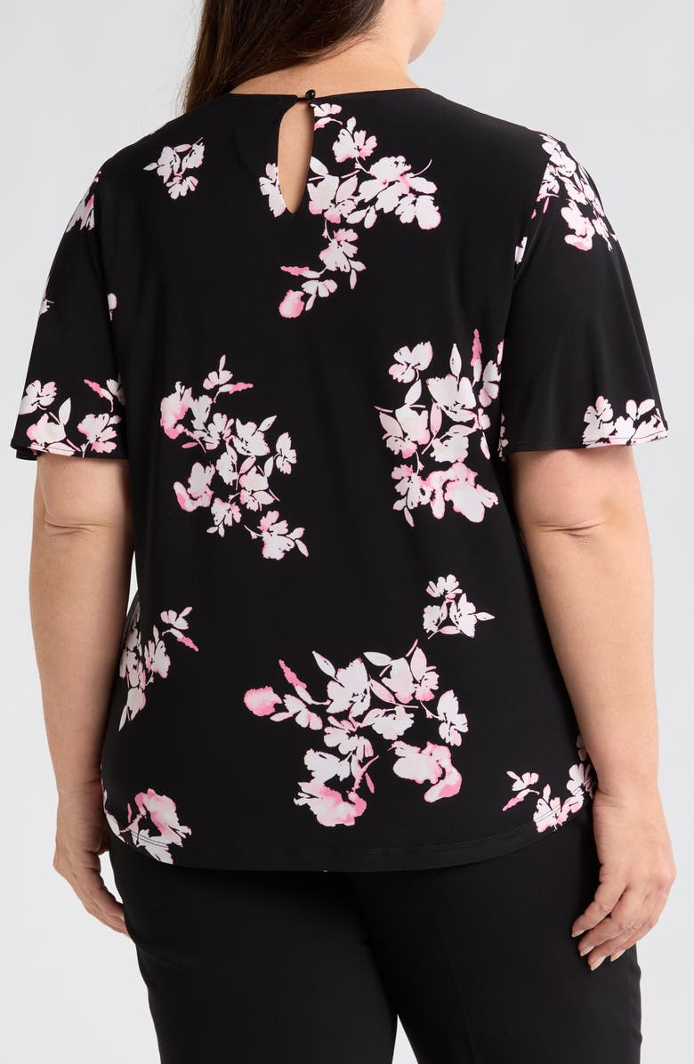Anne Klein Floral Print Pleat Neck Top, Alternate, color, Anne Black Multi
