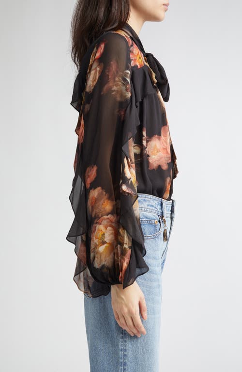 Zimmermann Hypnotic Floral Print Ruffle Georgette Top In Black