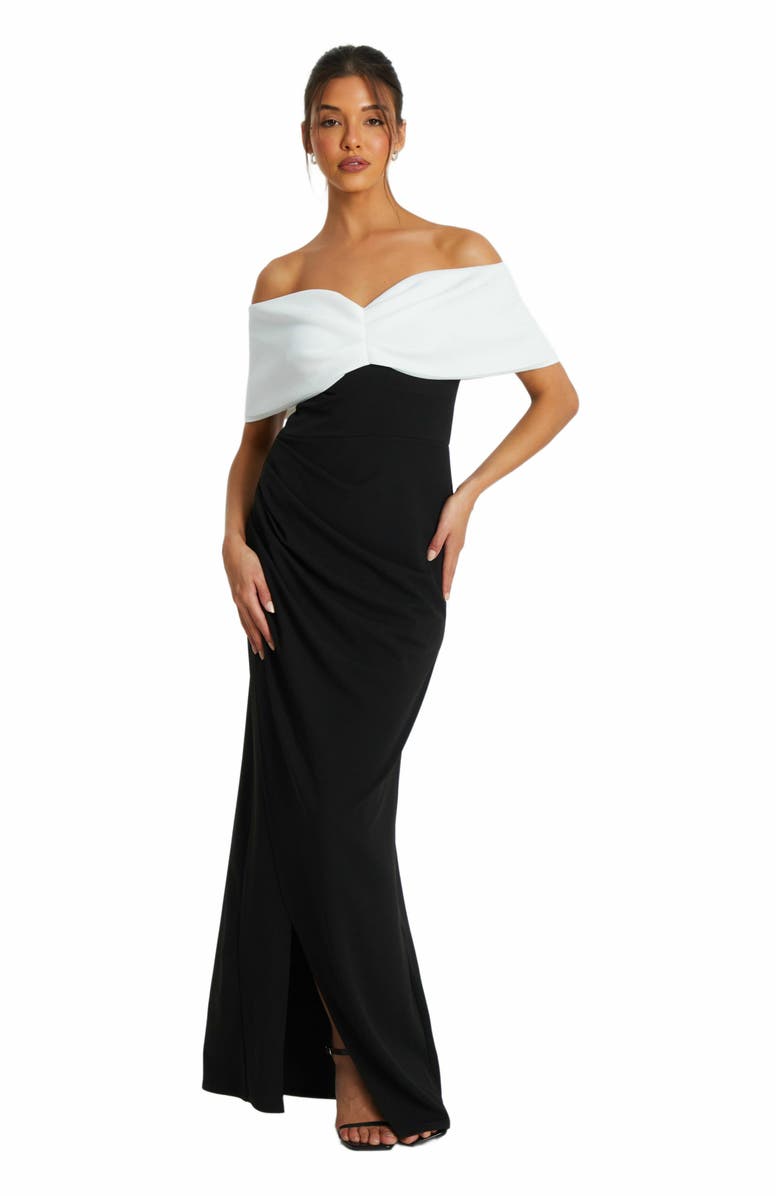 QUIZ Scuba Crepe Bardot Ruched Maxi Dress, Main, color,