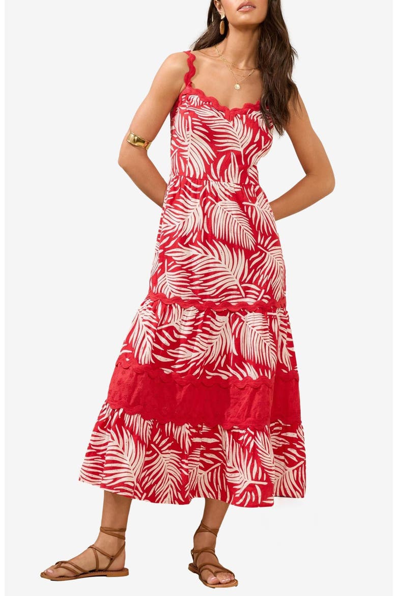 Palm Print Tiered Maxi Sundress, Main, color, RED