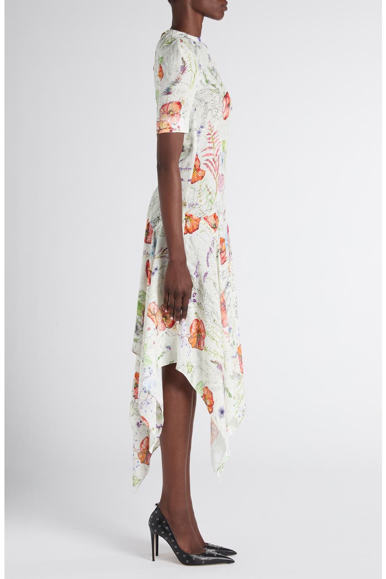 Floral Print Asymmetric Crepe Dress, Alternate, color, WHITE