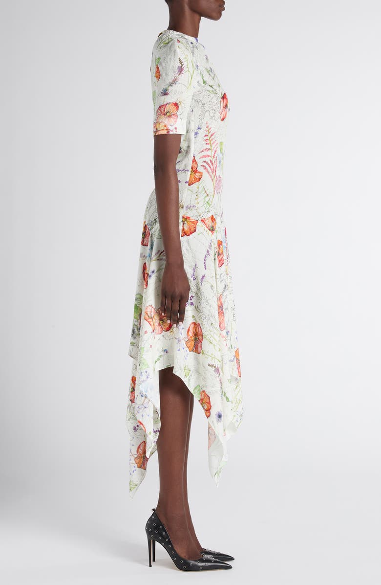 McQueen Floral Print Asymmetric Crepe Dress, Alternate, color, White