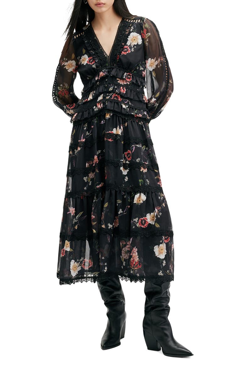 Zora Long Sleeve Tiered Dress, Main, color, UNITY BLACK