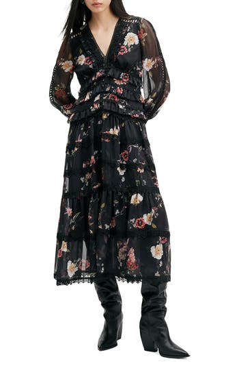 Allsaints Zora Floral Ruffle Midi Dress In Unity Black