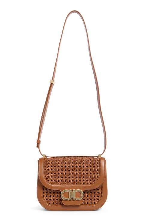 Double Gancini Woven Leather Crossbody Bag