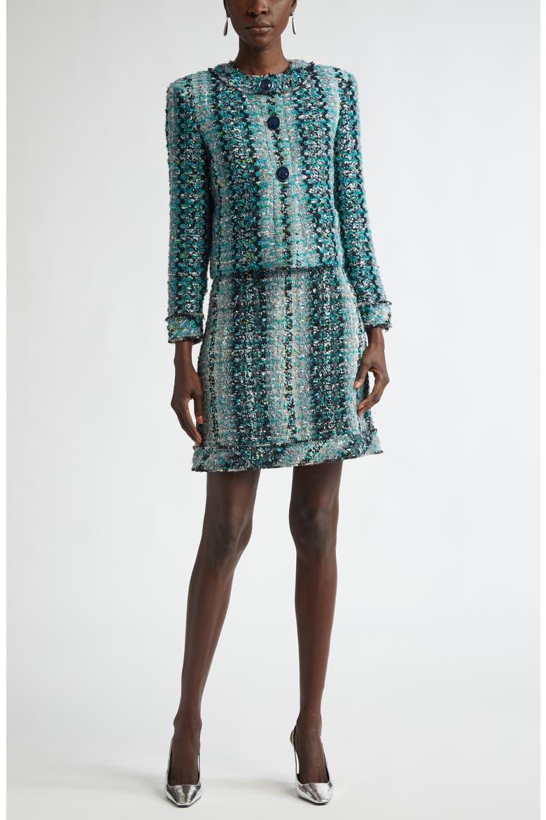 Foiled Eyelash Tweed Crop Jacket, Alternate, color, JUNIPER/ AQUAMARINE MULTI