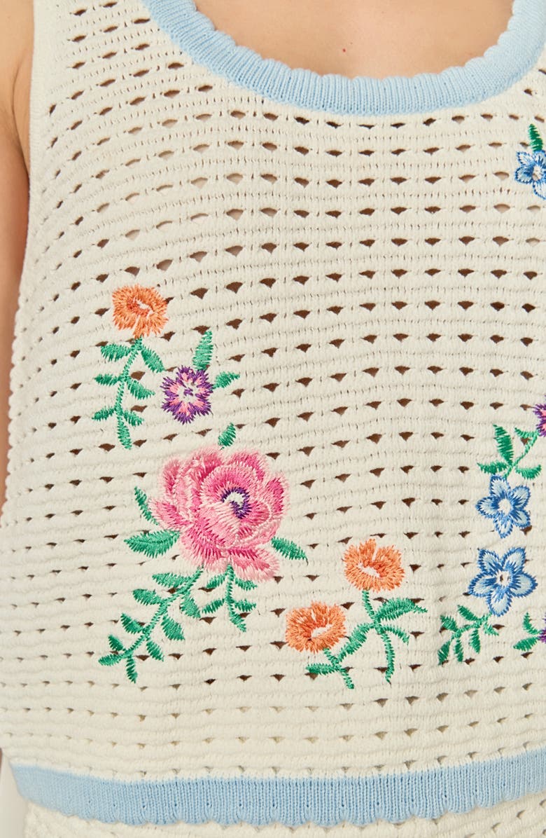 English Factory Floral Embroidered Sheer Crop Open Stitch Top, Alternate, color, Off White