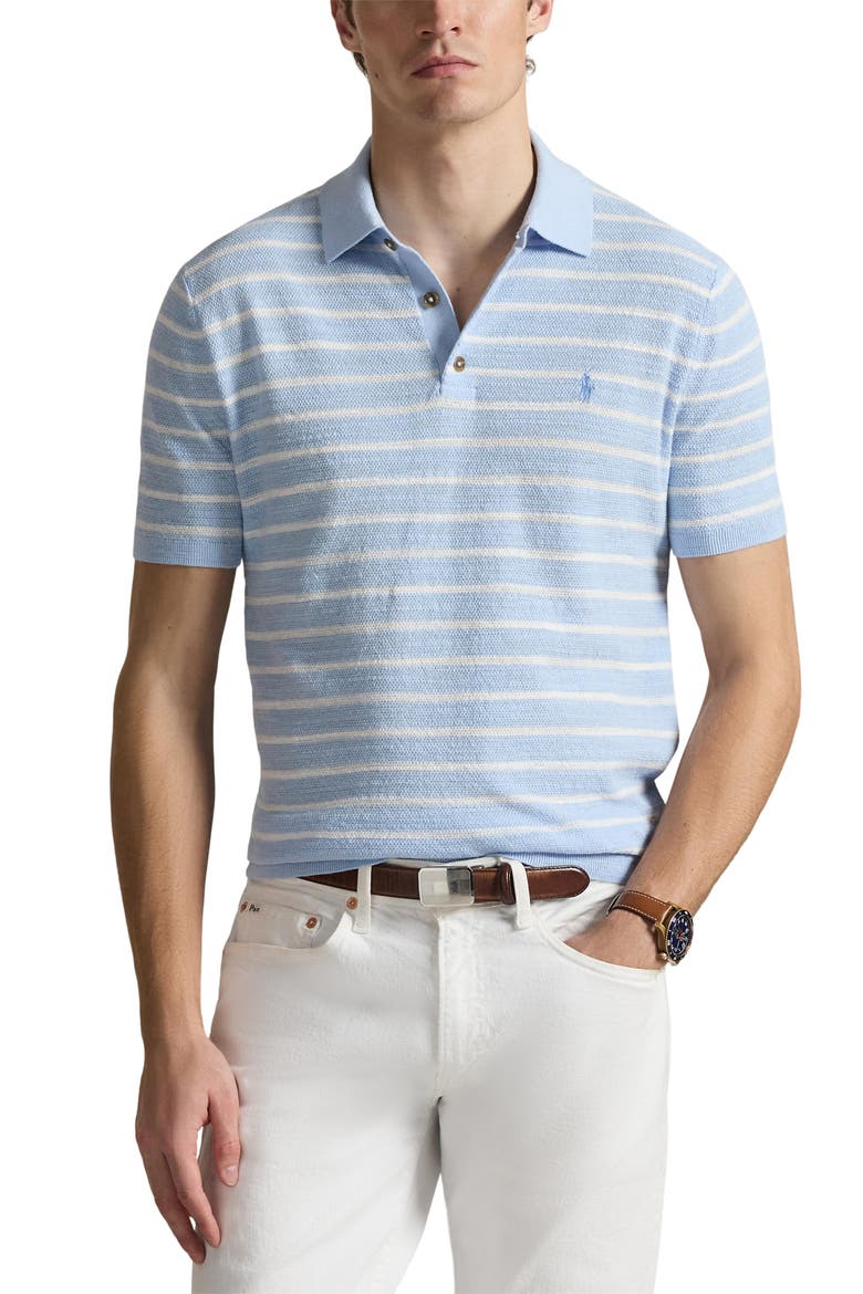 Stripe Cotton & Linen Polo Sweater, Main, color, OFFICE BLUE COMBO