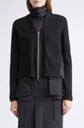 Sacai Mixed Media Leopard Trim Cotton Blend Zip Cardigan