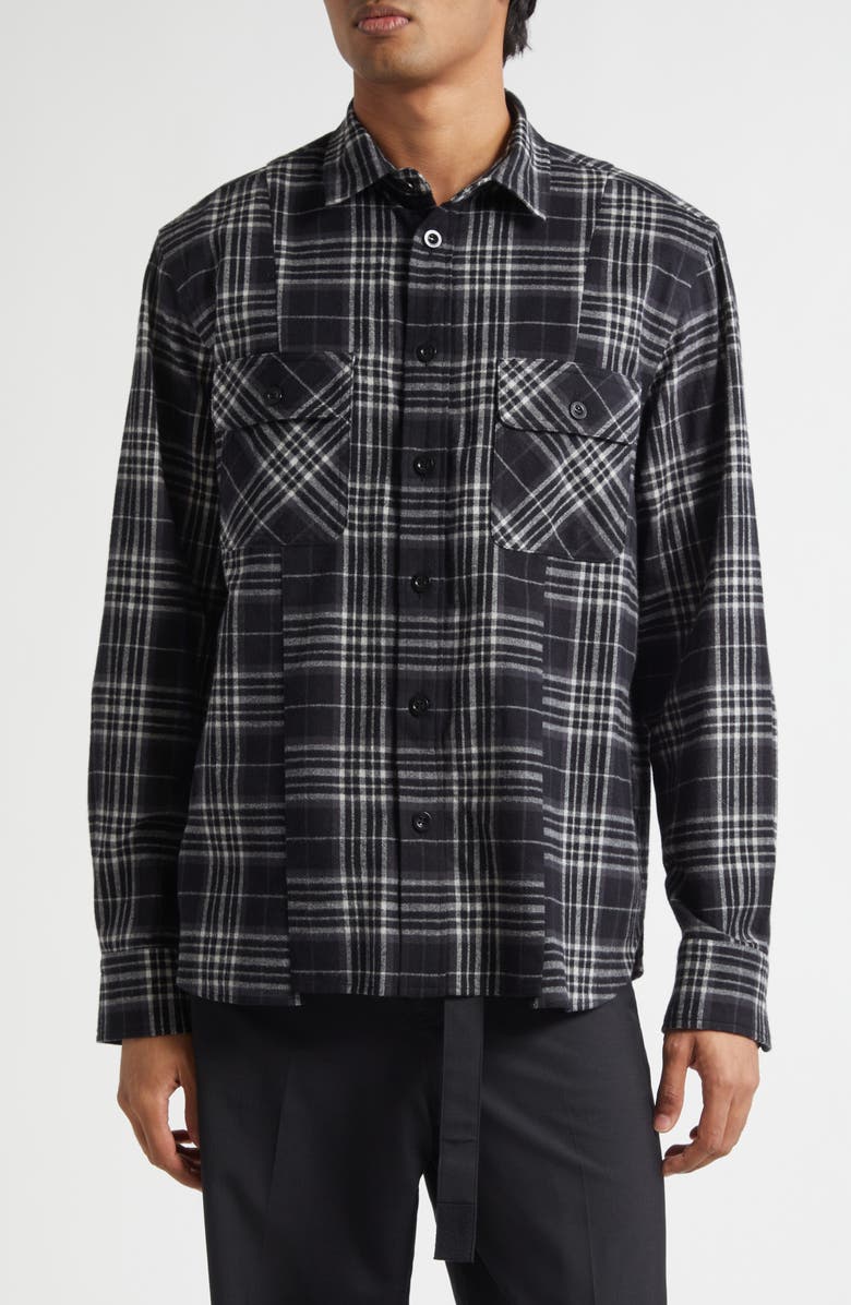 Sacai Plaid Cotton Flannel Button-Up Shirt, Main, color, Black