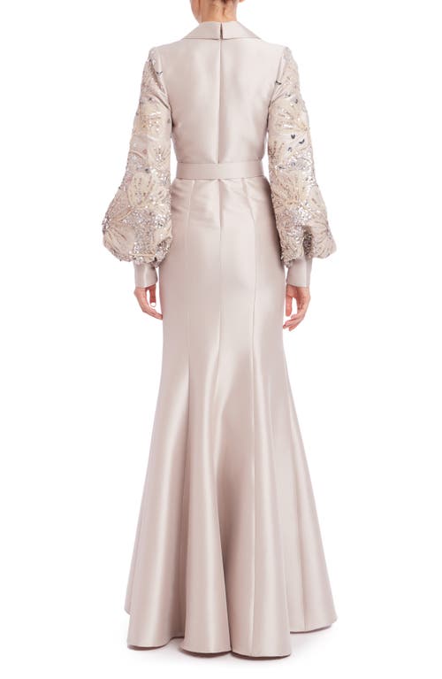 Badgley Mischka Collection Plunge Neck Beaded Long Sleeve Trumpet Gown In Champagne