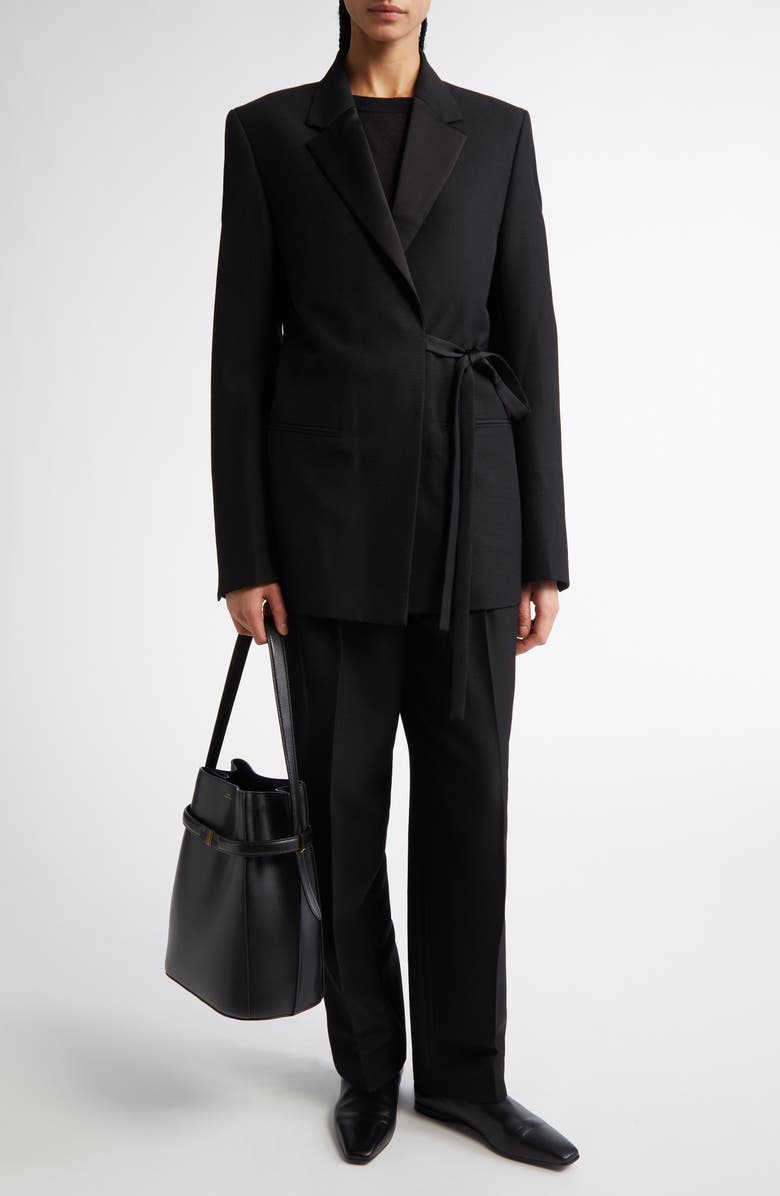 TOTEME Satin Lapel Recycled Polyester & Wool Wrap Blazer, Alternate, color, Black