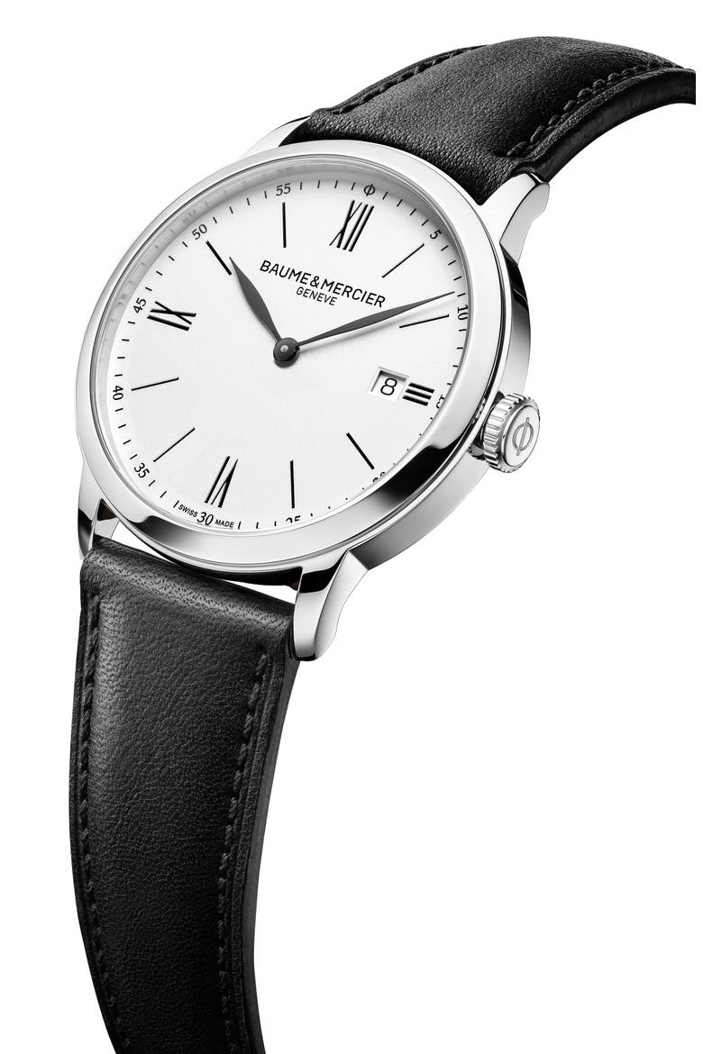 Classima Leather Strap Watch, 40mm, Alternate, color, SILVER