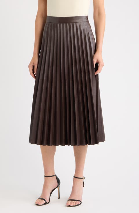 Pleated Faux Leather Midi Skirt