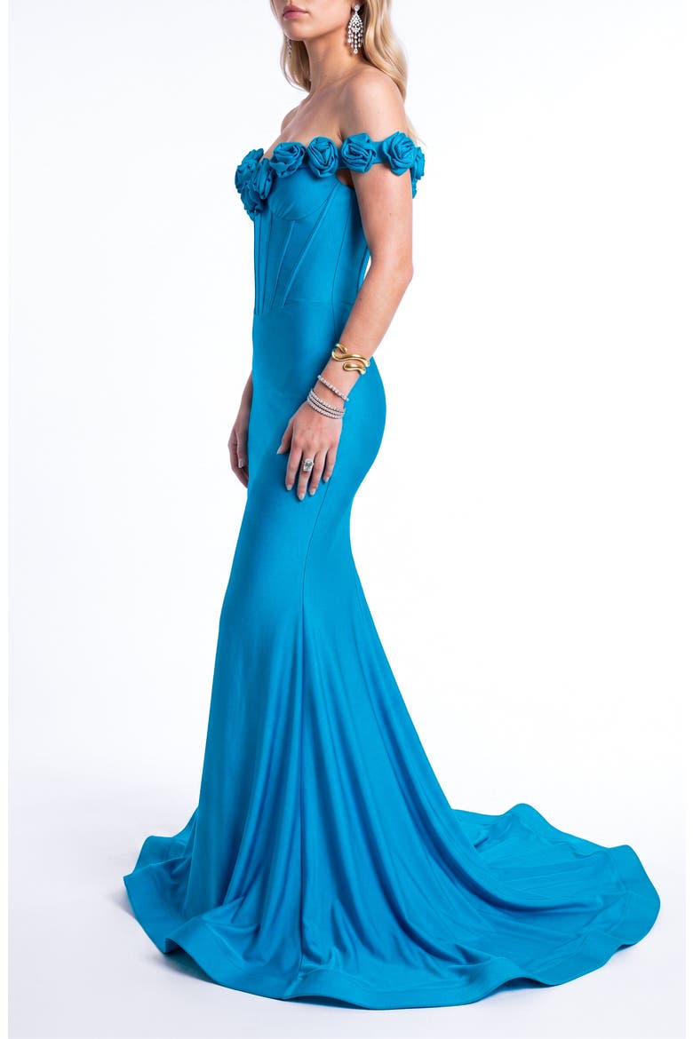 Rosette Off-Shoulder Corset Mermaid Gown, Alternate, color, Turquoise