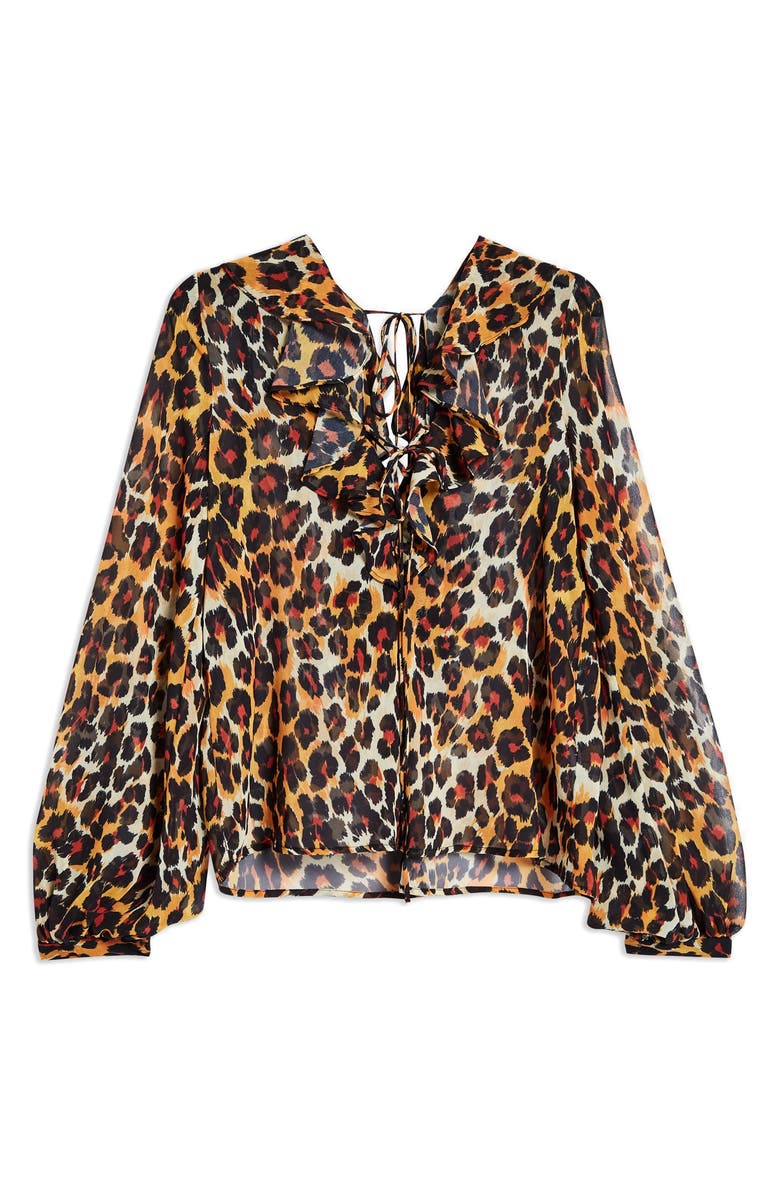 Topshop Leopard Print Ruffle Blouse, Alternate, color, 