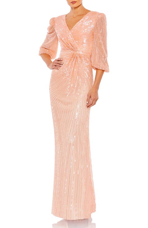 Sequined Faux Wrap Puff Sleeve Gown