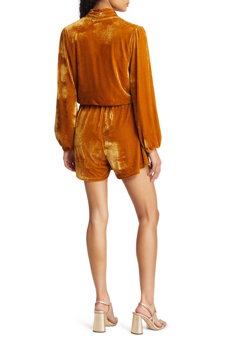 Nama Surplice V-Neck Bracelet-Sleeve Velvet Romper, Alternate, color, GOLDEN OCHRE