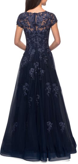 Long Tulle Gown with Intricate Lace Detailing