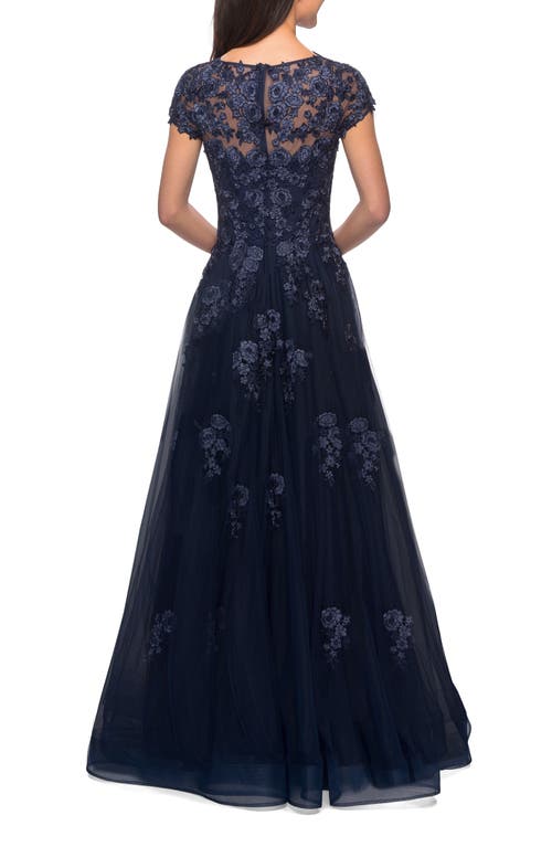 La Femme Long Tulle Gown With Intricate Lace Detailing In Navy