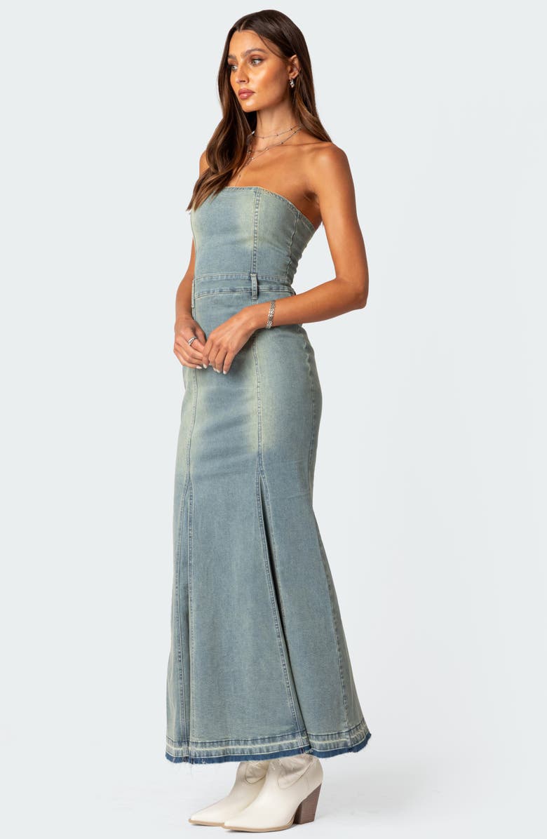 EDIKTED Astoria Strapless Release Hem Denim Maxi Dress, Alternate, color, Blue-Washed