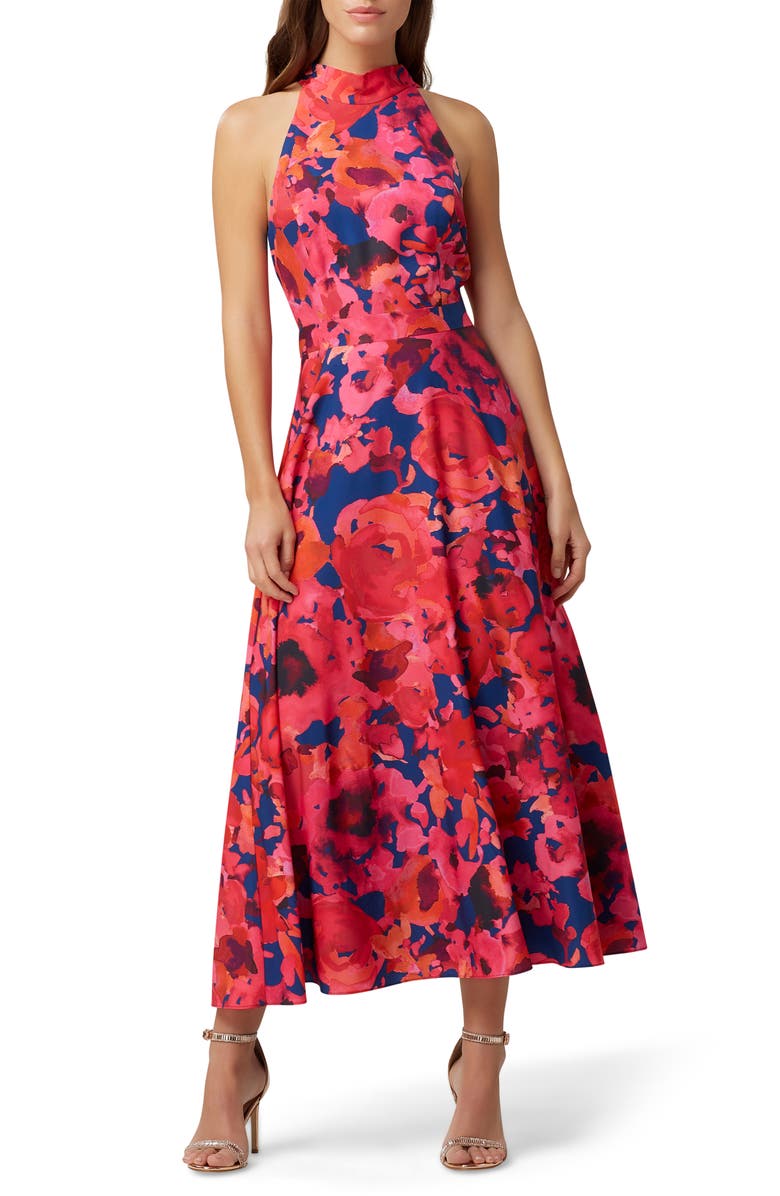Tahari Floral Halter Neck Crêpe de Chine Dress, Main, color, 
