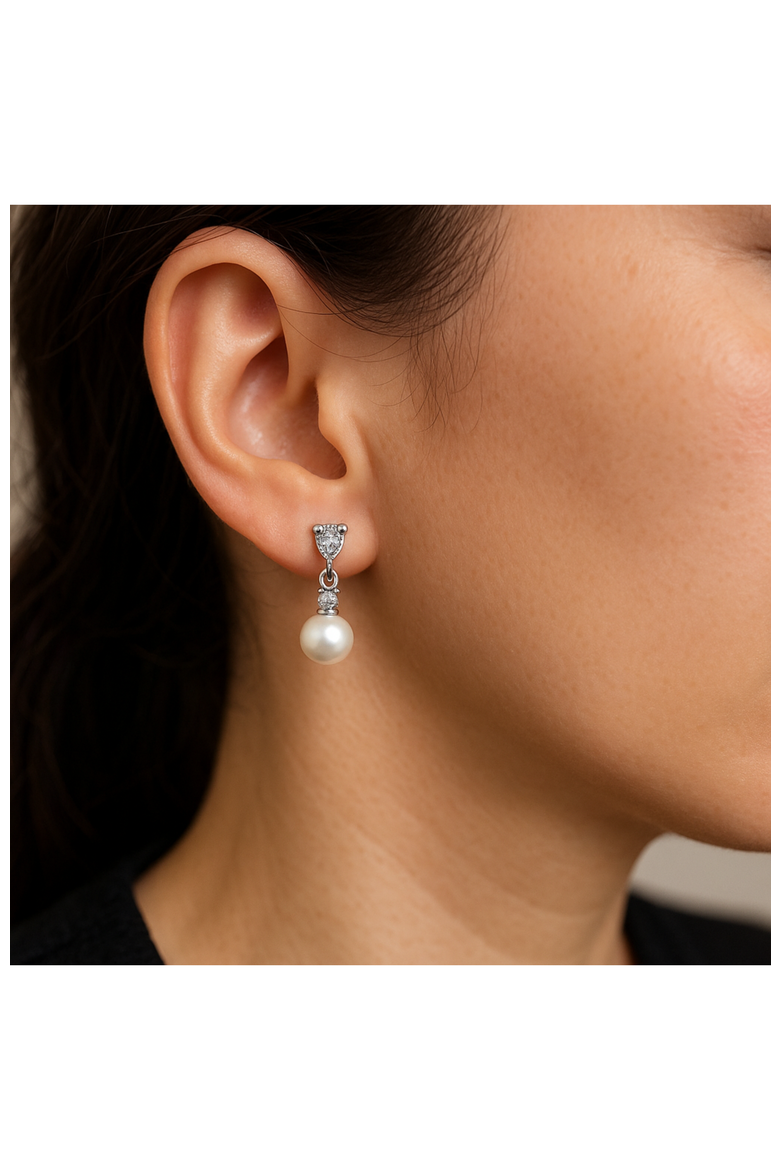 Pearl Drop Earrings with Cubic Zirconia  Accents Earrings, Alternate, color, Silver