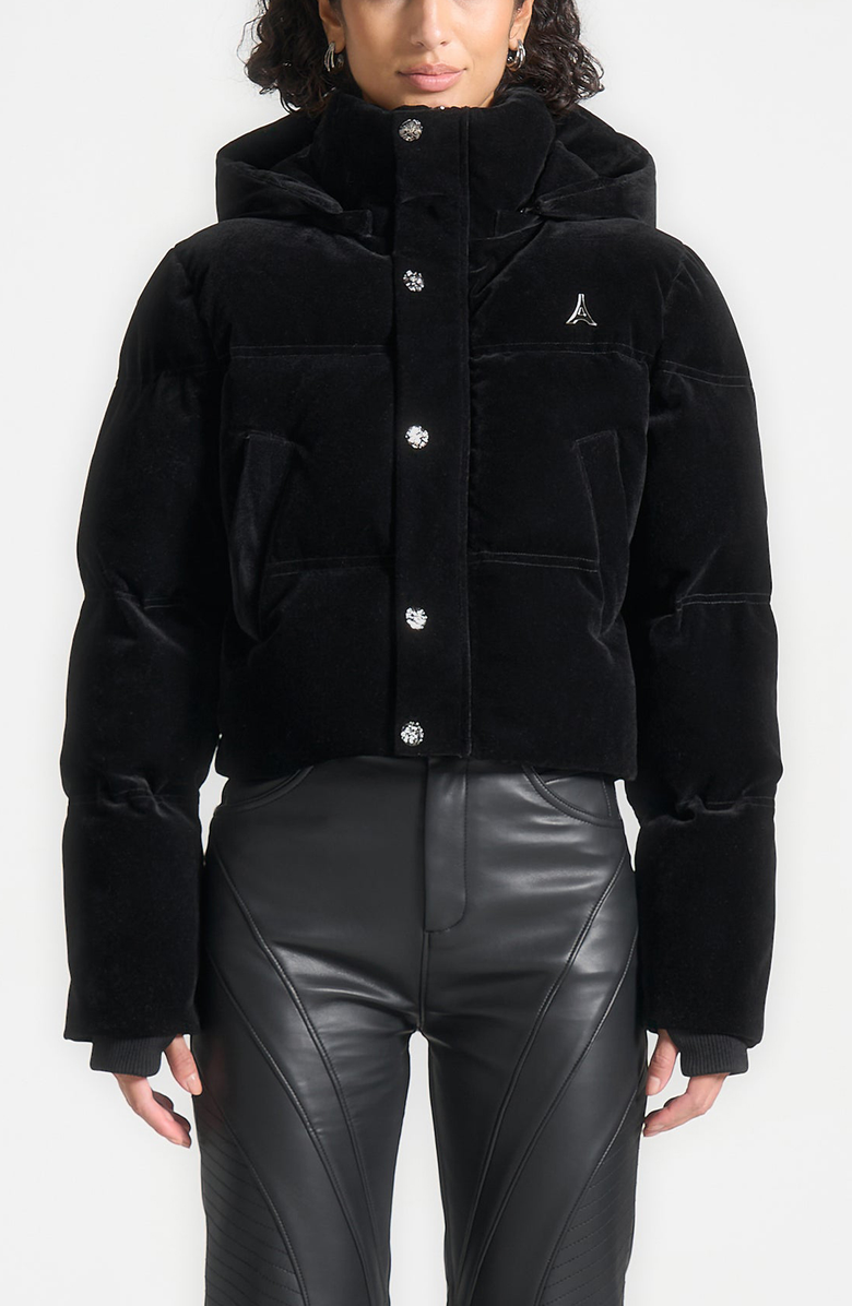 Manière De Voir Maeva Velvet Cropped Puffer Jacket, Alternate, color, Black