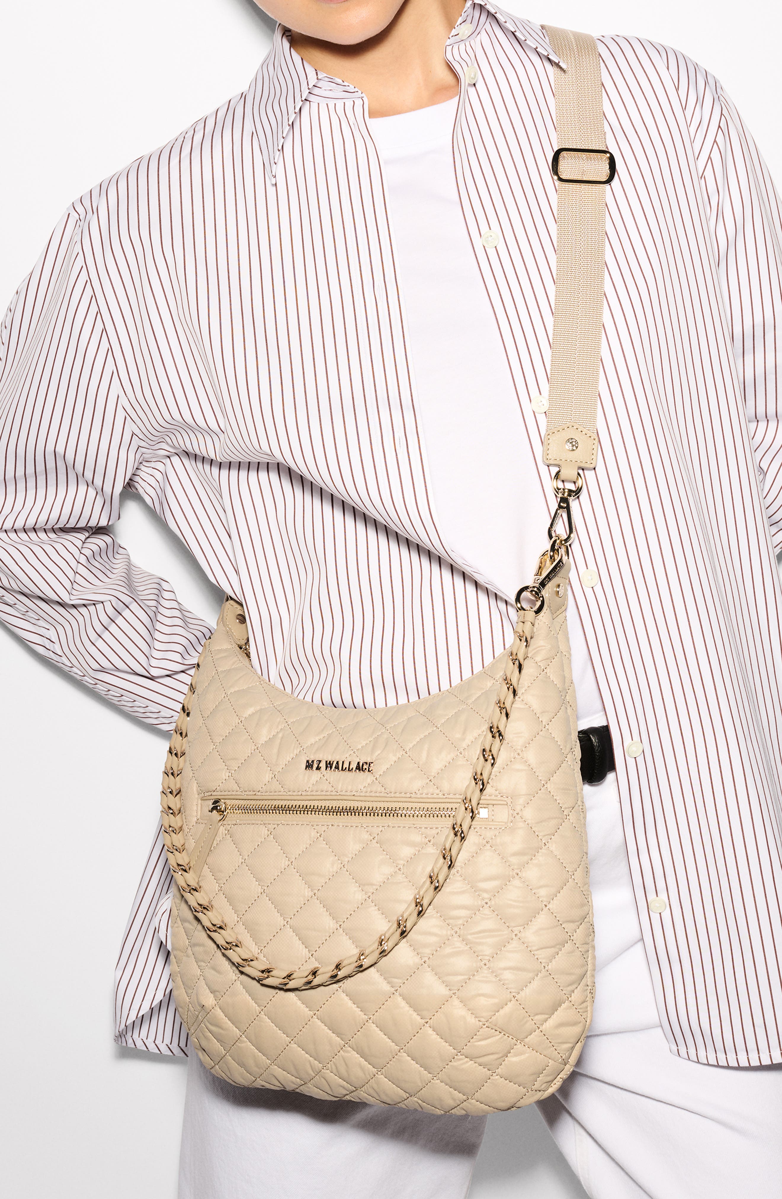 MZ Wallace Crosby Sienna Quilted Nylon Shoulder Bag, Alternate, color, Buff