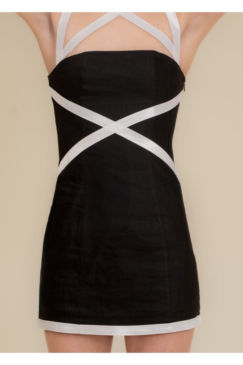 X Fitted Stretch-Linen Mini Dress, Alternate, color, Black