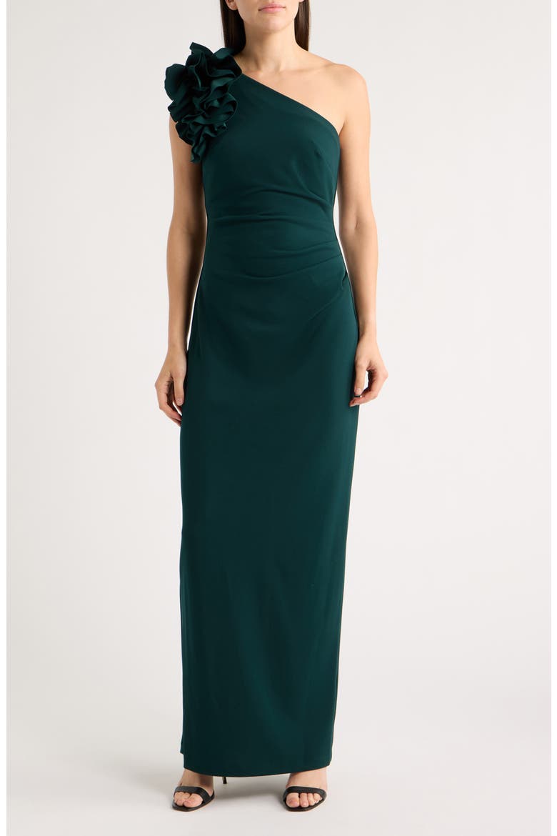 One-Shoulder Ruffle Scuba Crepe Dress, Main, color, PINE