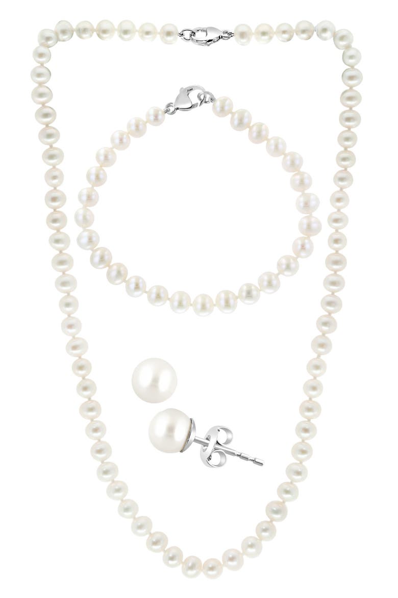 Sterling Silver Freshwater Pearl Necklace, Bracelet & Earrings 3-Piece Set, Main, color, GOLD