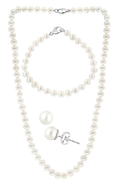 Sterling Silver Freshwater Pearl Necklace, Bracelet & Earrings 3-Piece Set