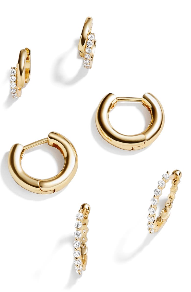 BaubleBar Set of 3 18K Gold Vermeil Huggie Hoop Earrings, Main, color, 