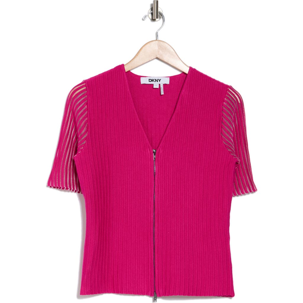 DKNY DKNY SHORT SLEEVE ZIP FRONT RIBBED CARDIGAN