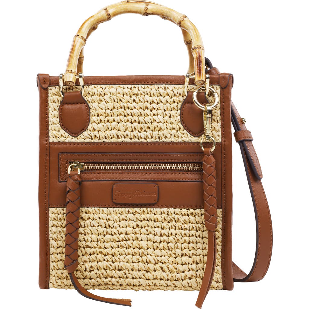 Tommy Bahama Leather And Raffia Handle Tote In Brown