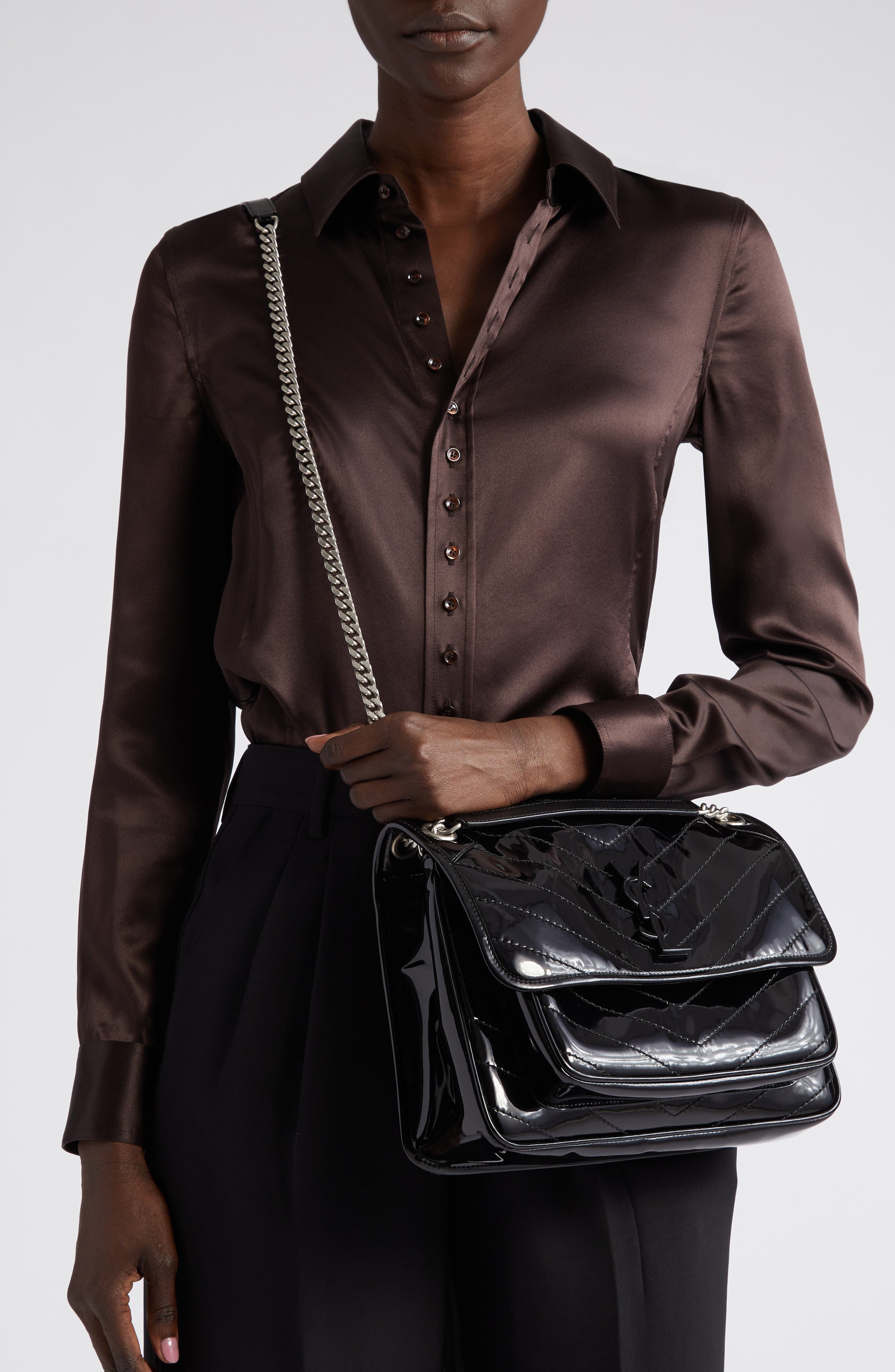 Saint Laurent Medium Niki Patent Leather Convertible Crossbody Bag, Alternate, color, 