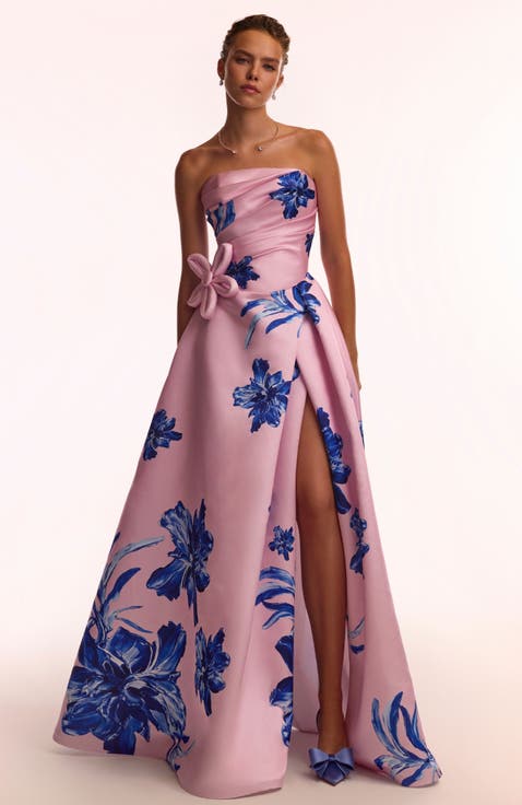 Pink Floral Strapless Formal Maxi Dress with Slit