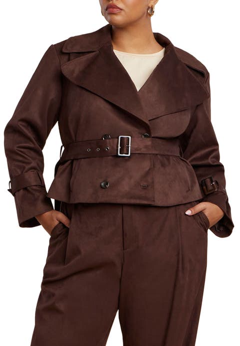 Cropped Faux Suede Trench Jacket