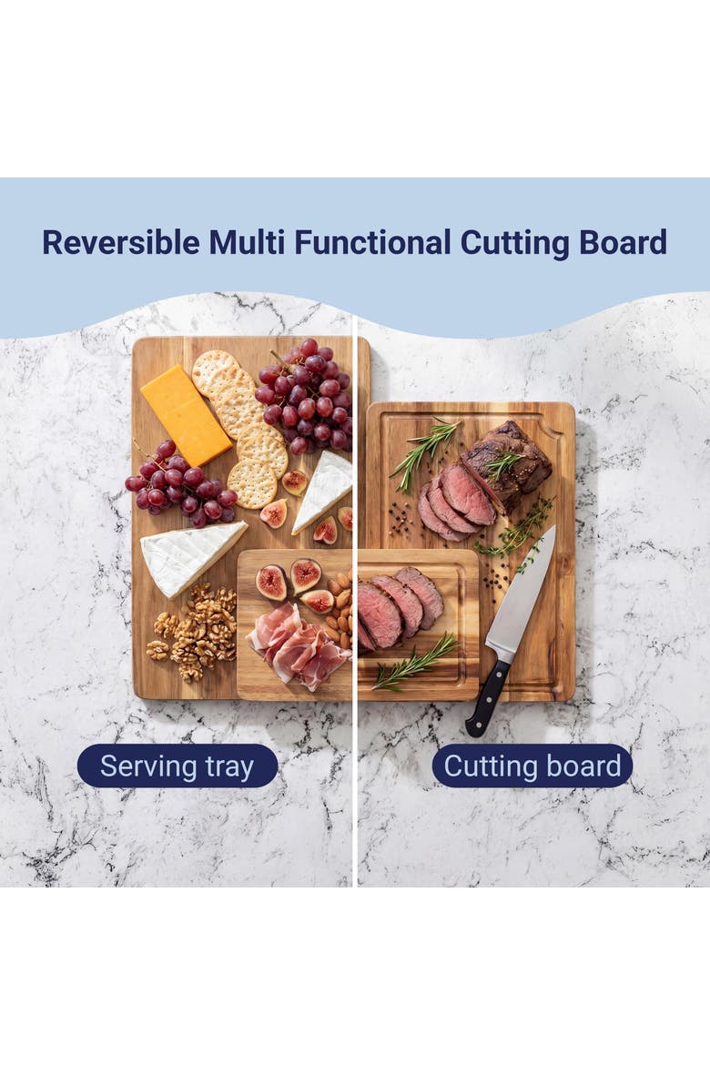 Hespera Handcrafted Acacia Wood Grain Reversible Cutting Board with Juice Grooves and Built-In Handle, Alternate, color, Natural