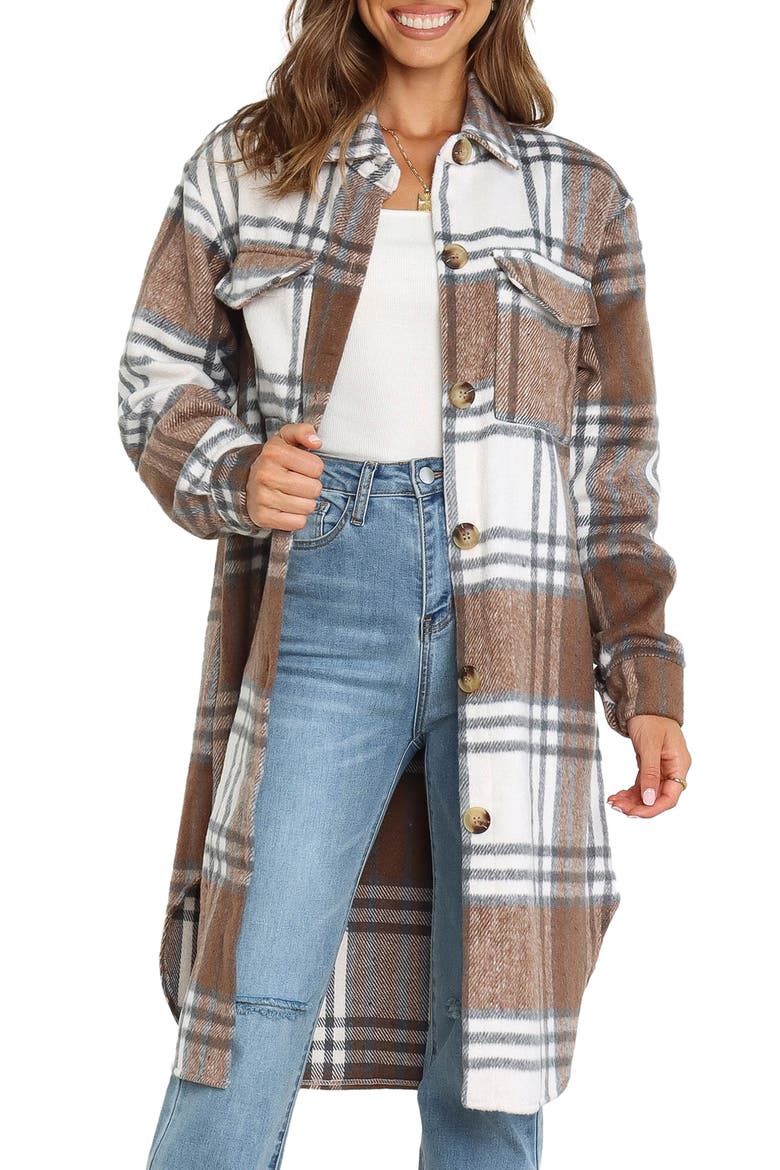Dion Plaid Longline Shacket, Main, color, BROWN CHECK