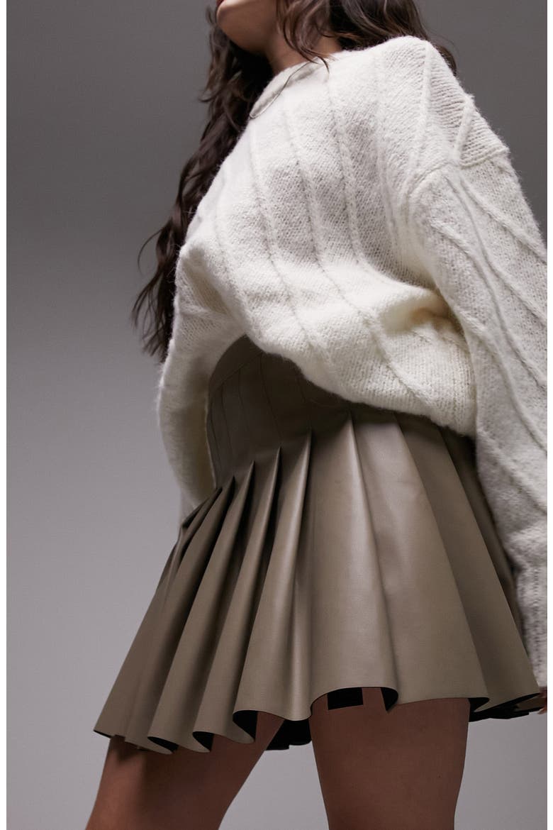 Pleated Faux Leather Miniskirt, Alternate, color, STONE