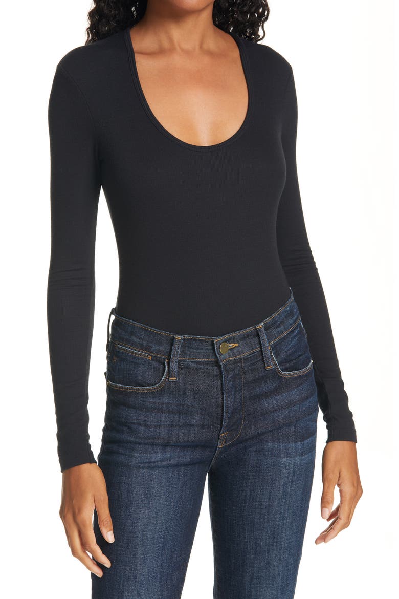 Ribbed Scoop Neck Bodysuit, Main, color, BLACK