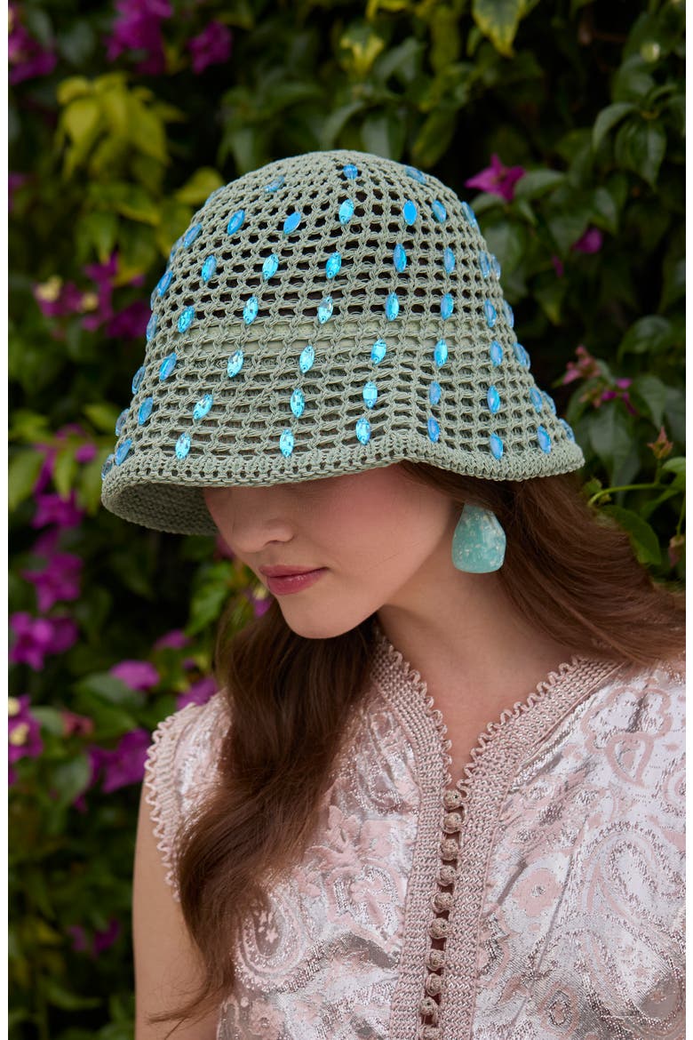 Maya Open Weave Crystal Embellished Bucket Hat, Alternate, color, HIGH TIDE