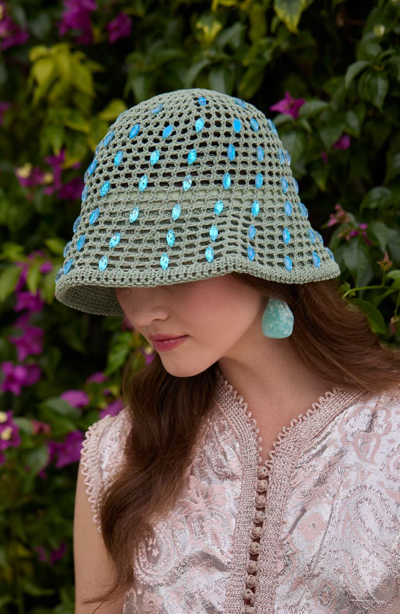 Lele Sadoughi Maya Open Weave Crystal Embellished Bucket Hat, Alternate, color, High Tide