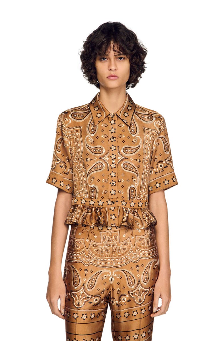 SANDRO Bandana print cropped shirt, Main, color, Brown / Black