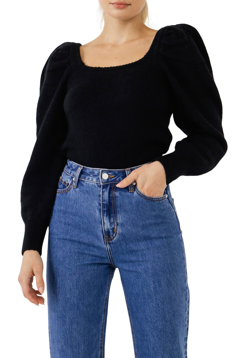 Puff Sleeve Square Neck Sweater, Main, color, BLACK