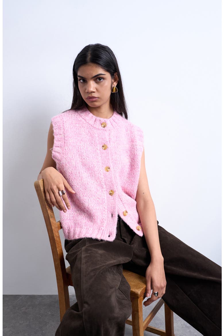 Fluffy Twist Button-Up Sweater Vest, Alternate, color, PINK