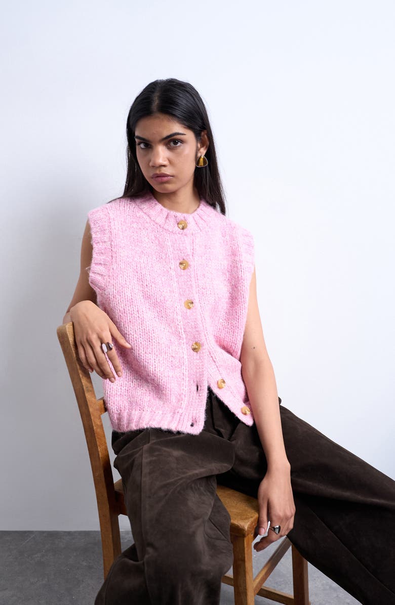 Topshop Fluffy Twist Button-Up Sweater Vest, Alternate, color, Pink